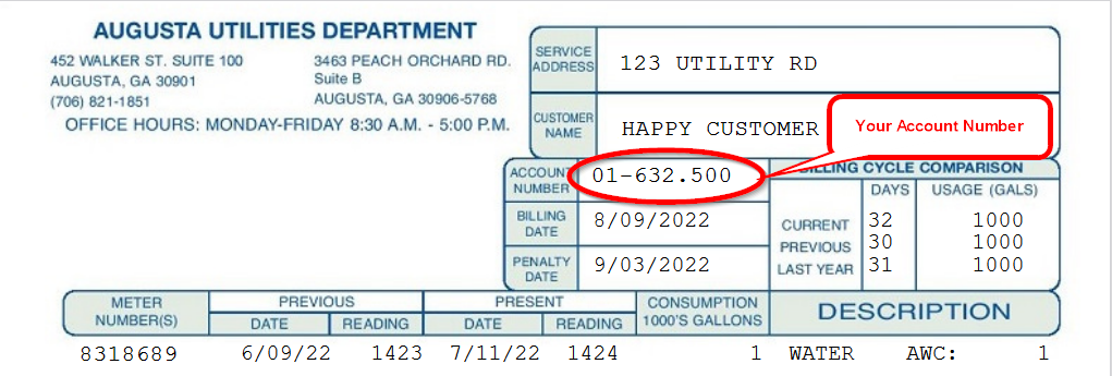 You can find your account number on your bill as shown.